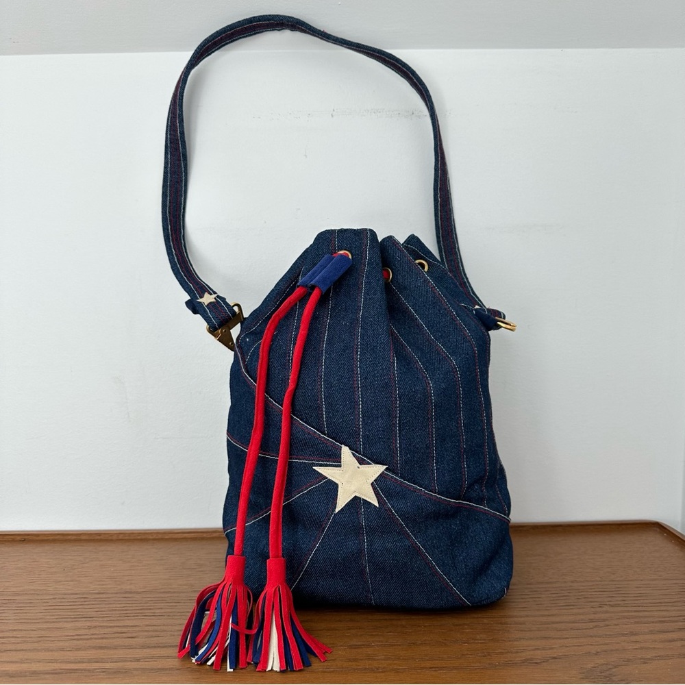 Vintage 90's Great Aunt Fannies Attic Handcrafted Denim Drawstring Shoulder Bag